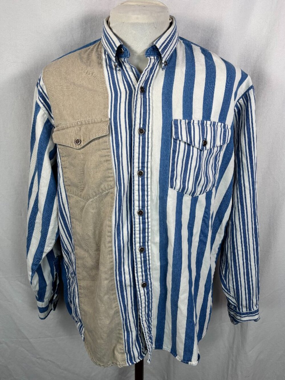 Vintage Roper Rodeo Blue Patchwork Western Shirt L USA Cotton Striped